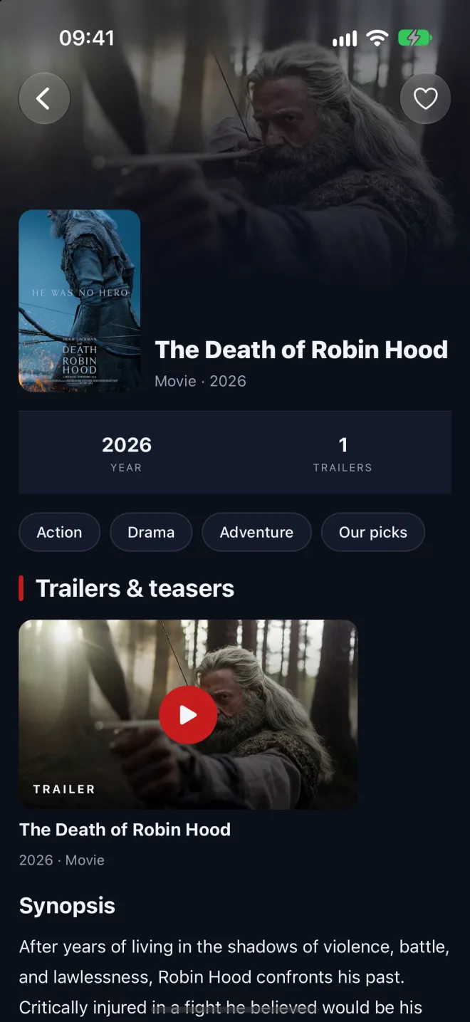 A movie page with cast, genres and trailers